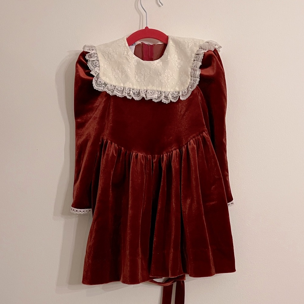 Vintage Girls Holiday Dress sz 5 Velvet Lace Burgundy